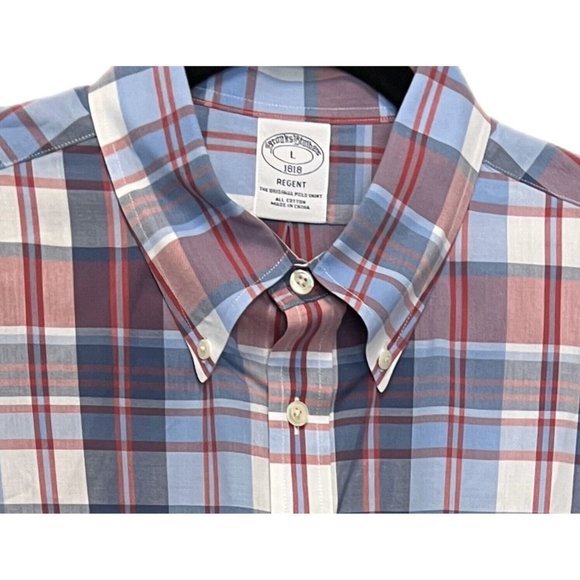Brooks Brothers Men Shirt Regent L Cotton Blue Red White Plaid Button Down LS - Picture 2 of 5
